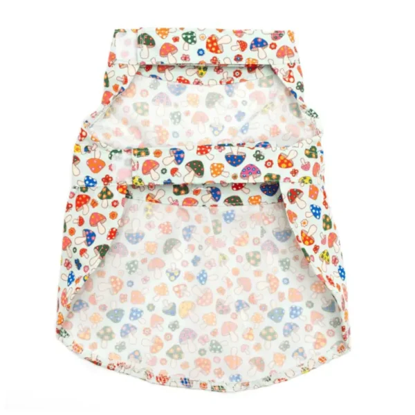 A colorful dog dress with a mushroom pattern.