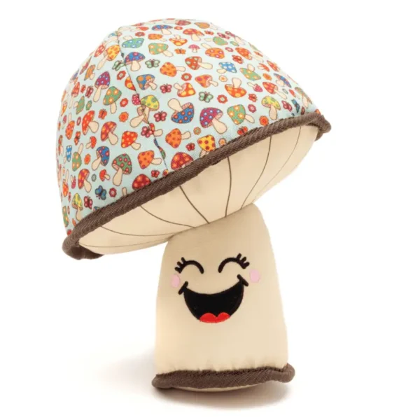 A plush mushroom dog toy with a smiling face and a colorful, patterned cap.