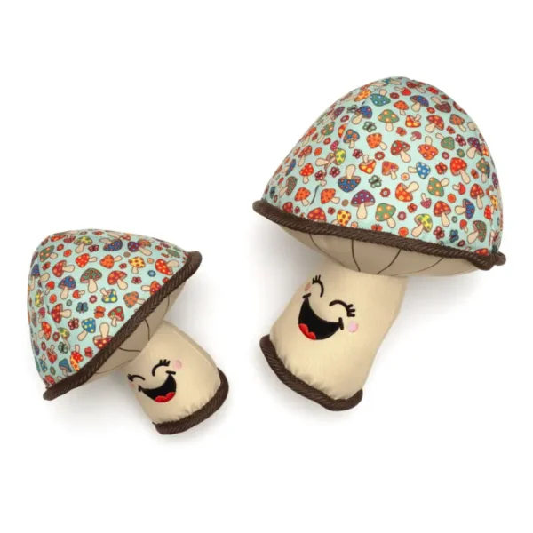 Two plush mushroom dog toys with colorful, patterned caps and smiling faces.