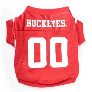 A red dog jersey with "BUCKEYES" on the back and the number "00."