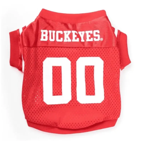 A red dog jersey with "BUCKEYES" on the back and the number "00."