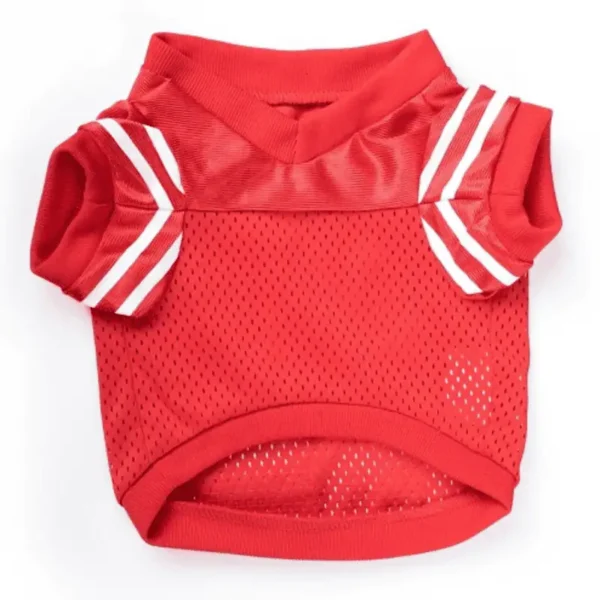 Red mesh jersey dog shirt with white stripes on the sleeves.