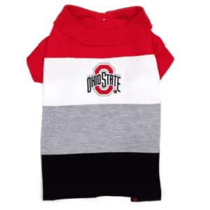 A red, white, gray, and black striped dog polo with an "Ohio State" logo on the front.