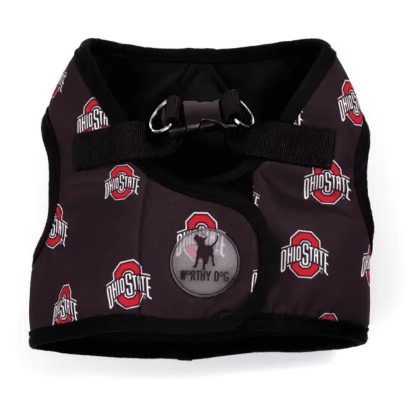 A black dog harness vest featuring repeated Ohio State logos and a "Worthy Dog" label.