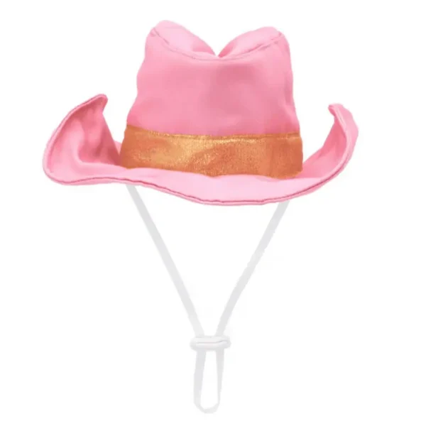 A pink cowboy dog hat with a gold band and a chin strap.