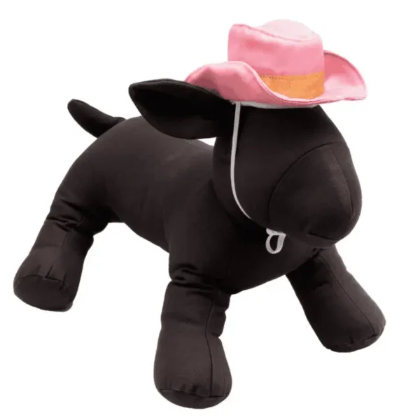 A black plush dog mannequin wearing a pink cowboy hat.
