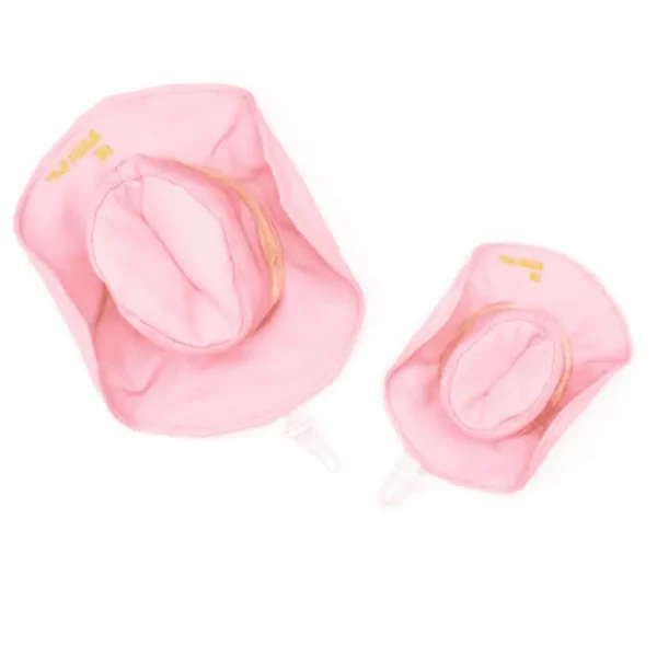 Two pink cowboy dog hats, one larger and one smaller, with a decorative design.