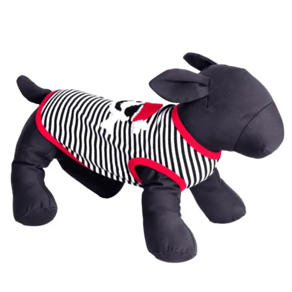A plush dog mannequin wearing a striped tank with a red and black color scheme.