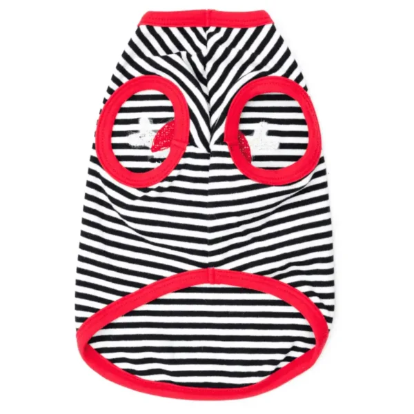 A striped dog tank with a red trim and two circular cutouts for the legs.