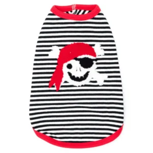 A black and white striped dog tank featuring a pirate skull and crossbones design, with a red bandana and collar.