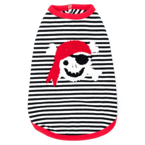 A black and white striped dog tank featuring a pirate skull and crossbones design, with a red bandana and collar.