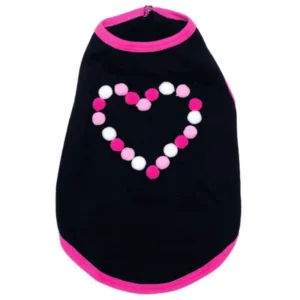 A black dog tank with a pink trim featuring a heart design made of colorful pom-poms.