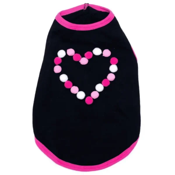 A black dog tank with a pink trim featuring a heart design made of colorful pom-poms.