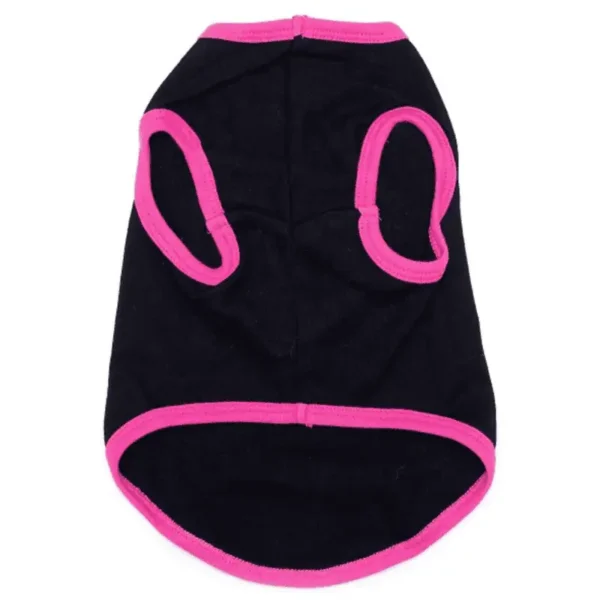 A black dog tank with pink trim.