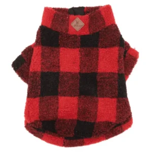 A red and black plaid sherpa dog pullover.