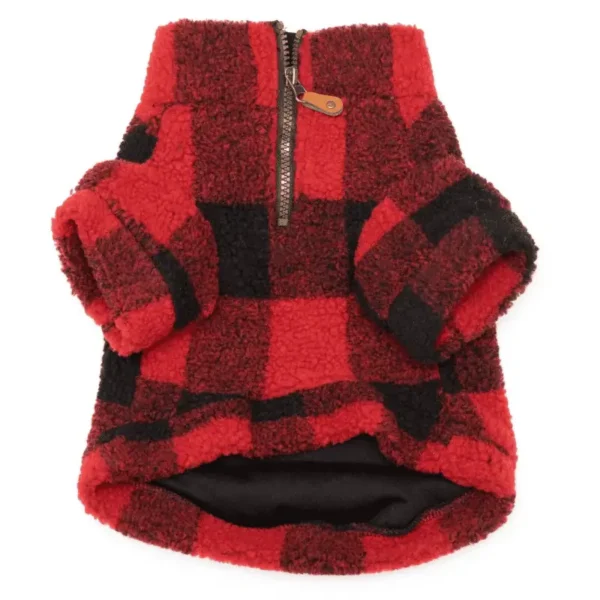 A red and black plaid sherpa dog pullover with a zipper.