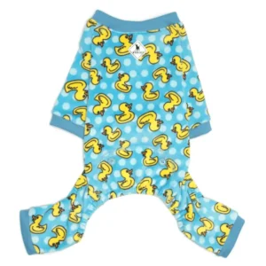 dog pajamas featuring a light blue fleece fabric with yellow rubber duck graphics and white polka dots.