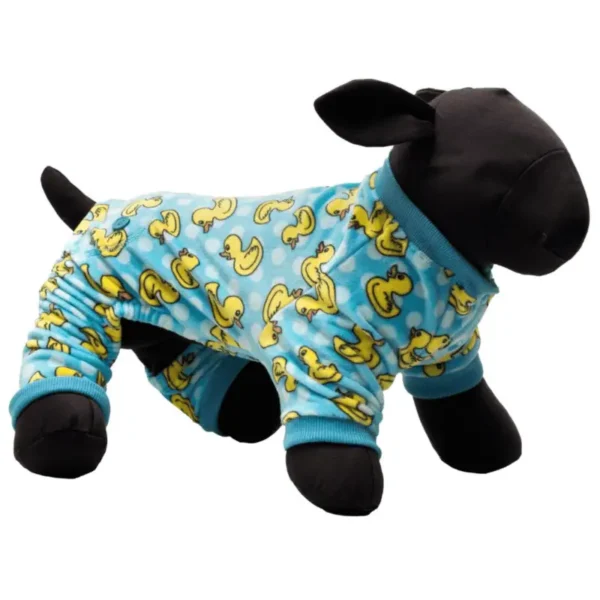 A plush dog mannequin wearing blue pajamas with yellow duck patterns.