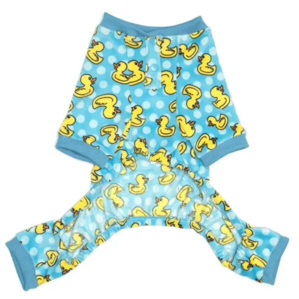 A pair of dog pajama pajamas with a blue background featuring yellow rubber duck patterns.