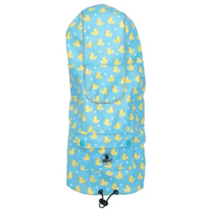 A light blue dog raincoat with a pattern of rubber ducks.