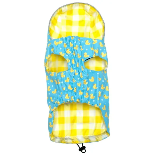 A blue and yellow-patterned dog raincoat, featuring duck designs and a checkered interior.