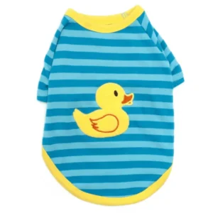A blue and yellow striped dog shirt featuring a cute yellow duck design on the front.