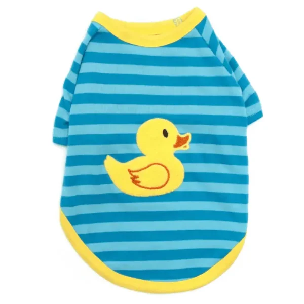A blue and yellow striped dog shirt featuring a cute yellow duck design on the front.