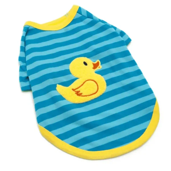 A blue and yellow striped dog shirt with a cute duck design.
