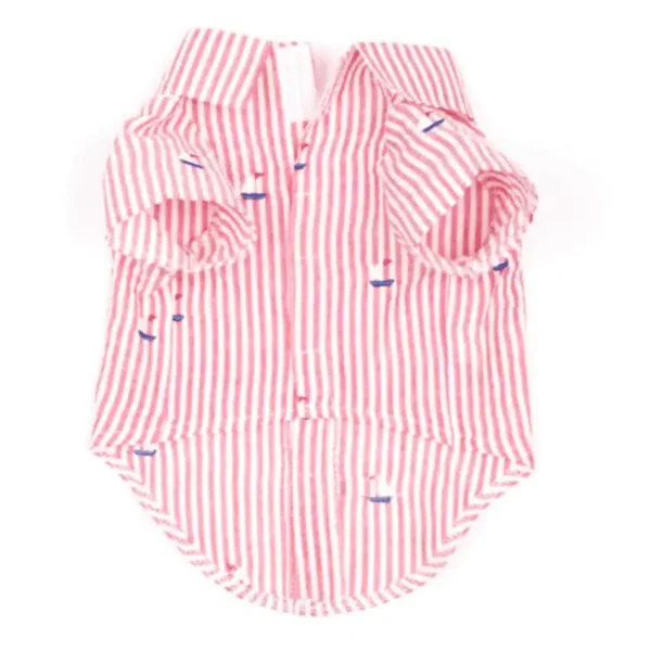 A red and white striped dog shirt with short sleeves.