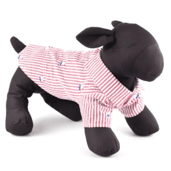 A black plush dog mannequin wearing a red and white striped shirt.