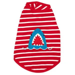 A red and white striped dog tank with a blue shark design on the front.