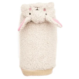 A fluffy cream-colored dog hoodie with a sheep face and ears at the top.