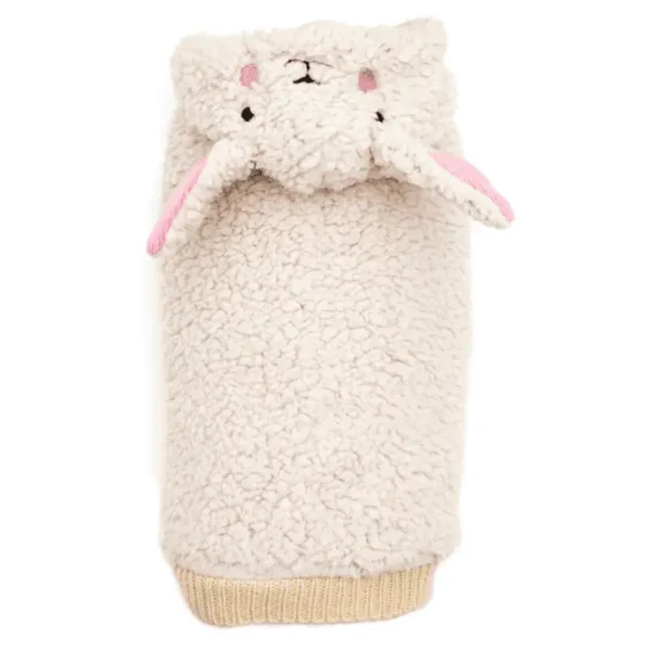 A fluffy cream-colored dog hoodie with a sheep face and ears at the top.