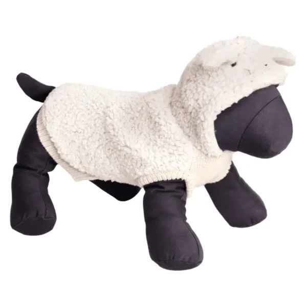 A plush dog mannequin dressed in a cozy sheep hoodie.