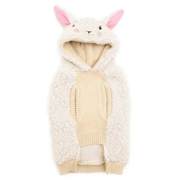 A fluffy dog hoodie with a sheep design, featuring ears on the hood, pockets, and arm holes.