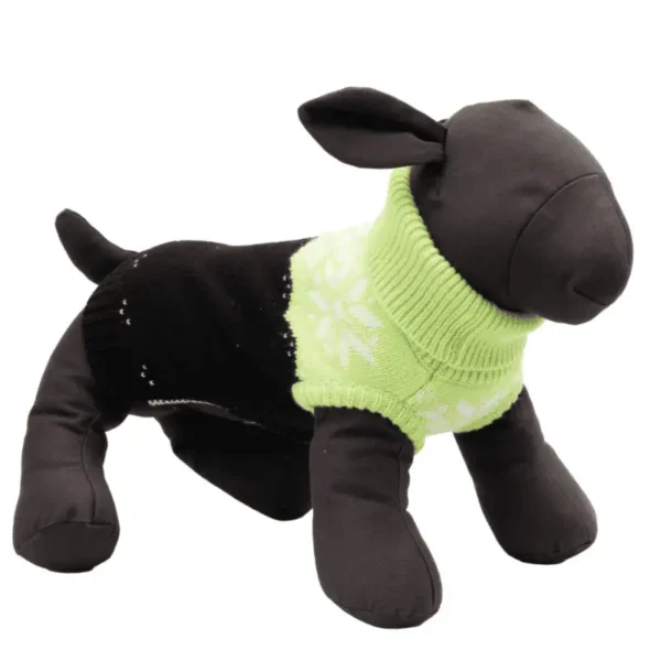 A plush dog mannequin wearing a green sweater with a snowflake design.