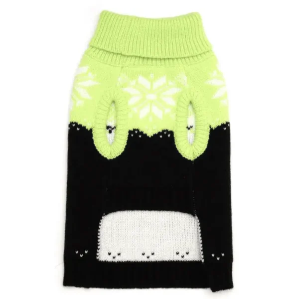 A green and black sweater with a snowflake design, featuring cut-out areas for the dog's front legs and a white section at the bottom.