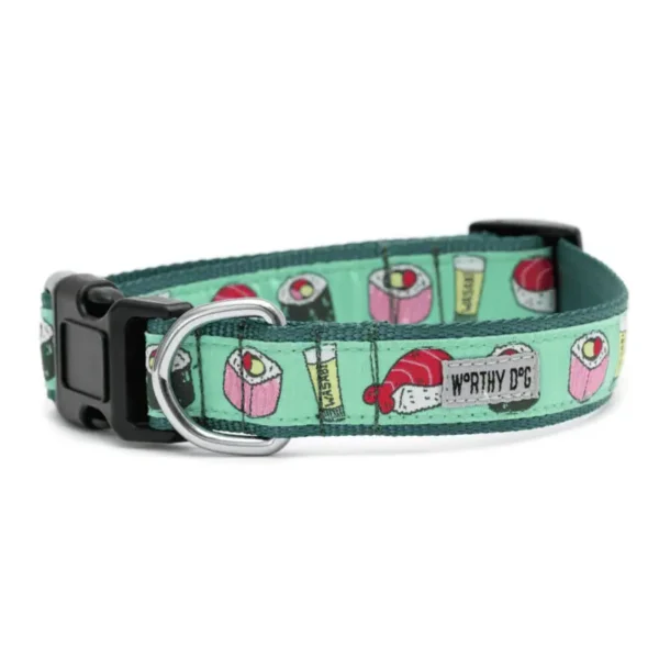 A mint green dog collar featuring colorful sushi and wasabi patterns.