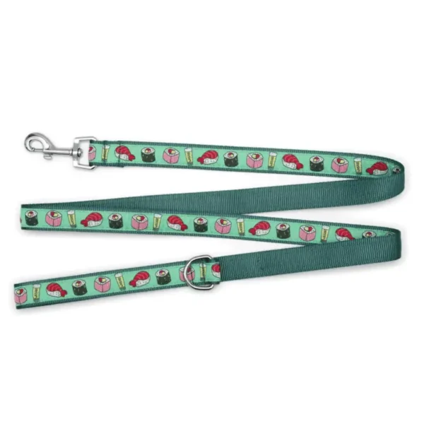 A teal dog leash featuring a pattern of sushi, food items, and playful elements.