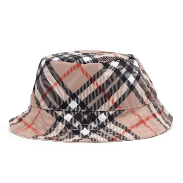 A beige plaid dog bucket hat with black, white, and red patterns.