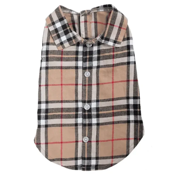 A plaid button-up dog shirt in beige, black, and red colors.