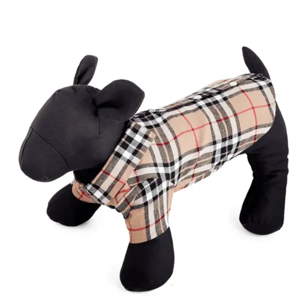 A black plush dog mannequin wearing a plaid shirt.