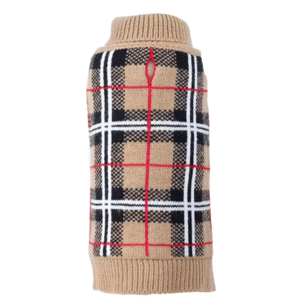 A stylish tan dog sweater with a black, white, and red plaid pattern.