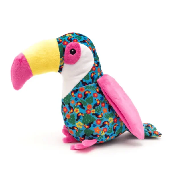 A colorful plush dog toy shaped like a toucan, featuring a floral pattern with pink accents.