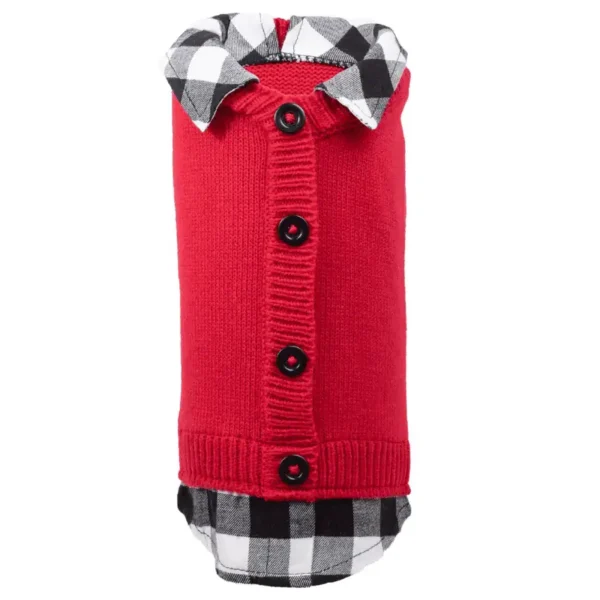 A red dog sweater with a black and white checkered shirt collar and buttons.