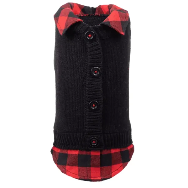 A black dog sweater with a red and black checkered collar and buttons.