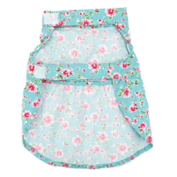 A floral-patterned dress in shades of blue and pink, designed for a dog.