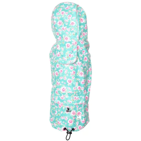 A floral-patterned teal dog raincoat with a hood, featuring pink flowers.