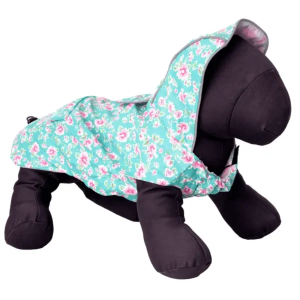 A plush dog mannequin wearing a teal floral raincoat with a hood.