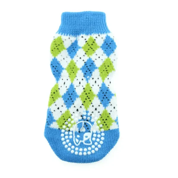 A blue and green argyle-patterned sock for dogs.